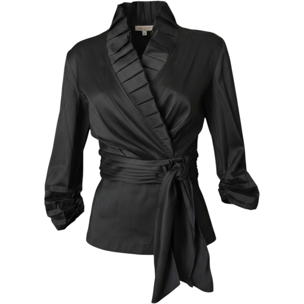Tadashi Collection Wrap Blouse Women Size 8 Dark Navy New Pleated Satin Top